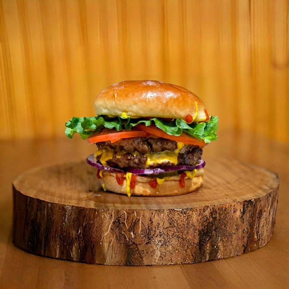 A double cheeseburger with lettuce, tomato, onion, mustard, and ketchup on a wooden slab.
