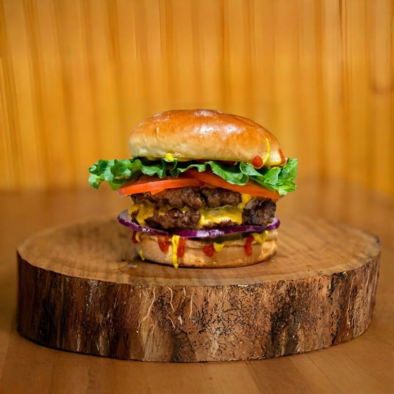 A double cheeseburger with lettuce, tomato, onion, mustard, and ketchup on a wooden slab.