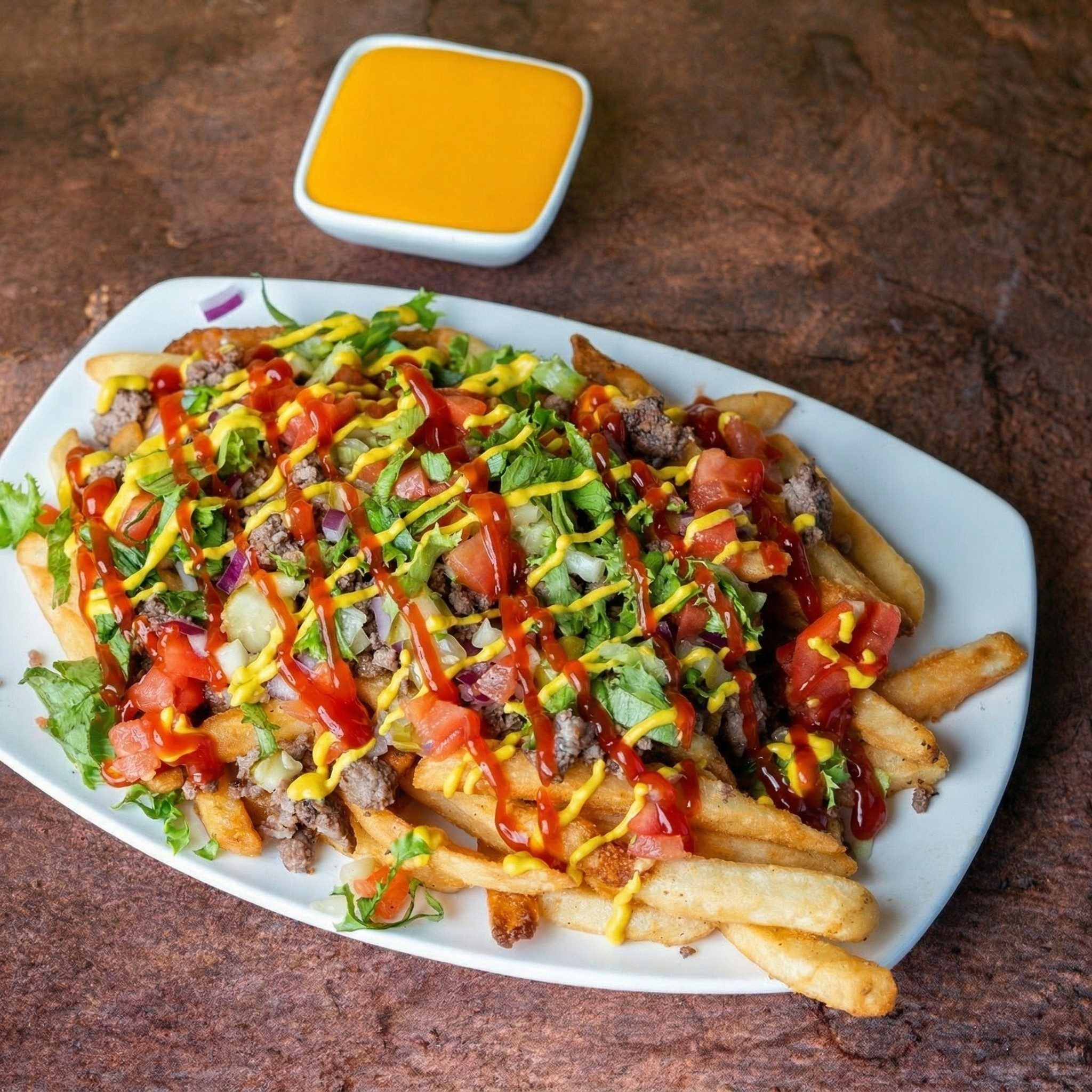 No Bun - Cheeseburger on Fries.